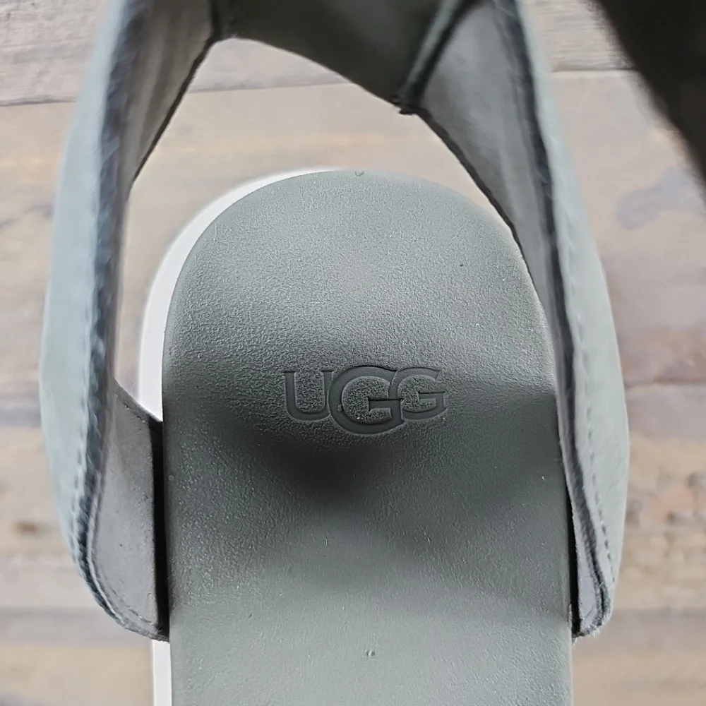 UGG Ashton Heritage Women's Platform Sandals Moss Green Suede Logo Strap - Picture 12 of 13